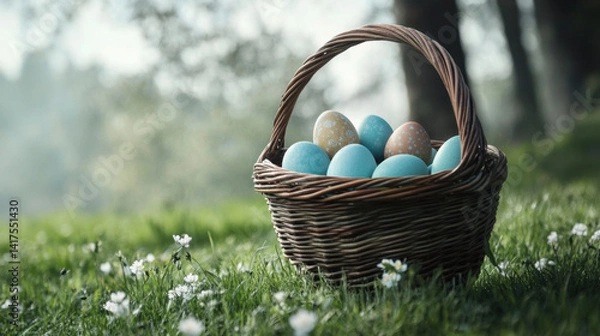 Fototapeta Painted eggs in a basket for the Easter holiday, on a spring flower meadow