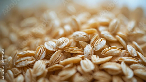 Fototapeta Close-up view of oat grains showing natural texture and detail, Macro shot of raw oat grains in golden hues on a neutral background