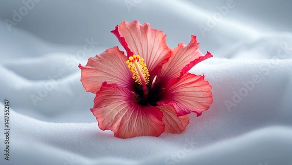 Fototapeta Close-up of a delicate hibiscus bloom on a minimal white abstract backdrop, Elegant hibiscus flower in full bloom with a contrasting abstract white background