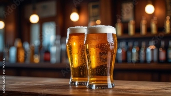 Fototapeta Two chilled pints of beer with foam on wooden bar counter. Blurred background shows pub interior.