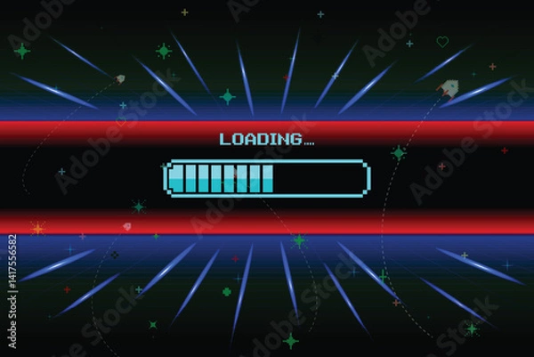 Obraz LOADING. pixel art. 8 bit. retro game. for game assets in vector illustrations. Retro Futurism Sci-Fi Background. glowing neon grid and star from vintage arcade computer games.
