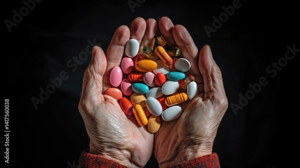 Fototapeta A person holds a handful of colorful pills in hands.