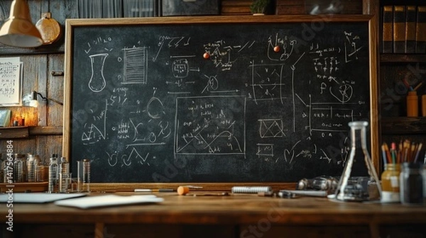 Obraz A cluttered chalkboard displays complex equations and diagrams in a vintage classroom setting.