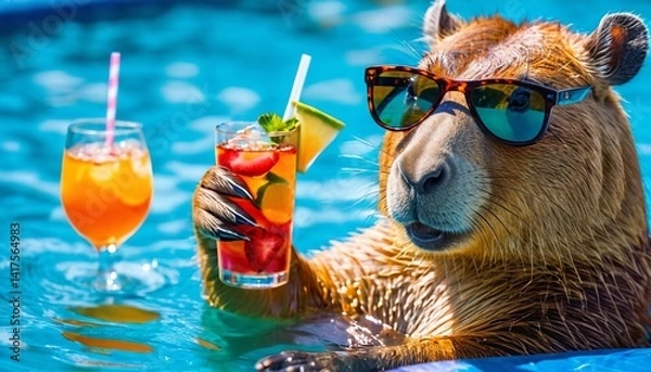 Fototapeta Capybara in sunglasses with a refreshing drink at the pool