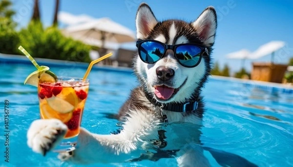 Fototapeta husky in sunglasses with a refreshing drink at the pool