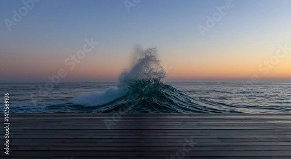 Obraz early morning dawn, empty wooden table for display or product showcase with blurry waves crushing beach background scene