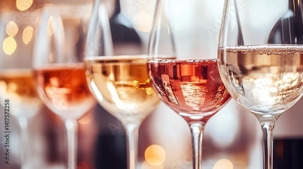 Obraz Row of wine glasses showcasing vibrant white, rosé, and red wines on reflective surface with blurred artistic background
