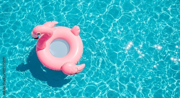 Fototapeta Floating Pink Flamingo Pool Float in Sparkling Blue Water on Sunny Day