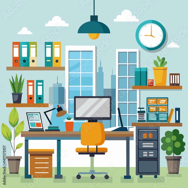 Fototapeta Modern Home Office Setup With Desk Chair And City View Illustration