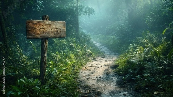 Fototapeta Weathered wood sign points to a surreal jungle path, beckoning into a mysterious dreamlike forest scene. -