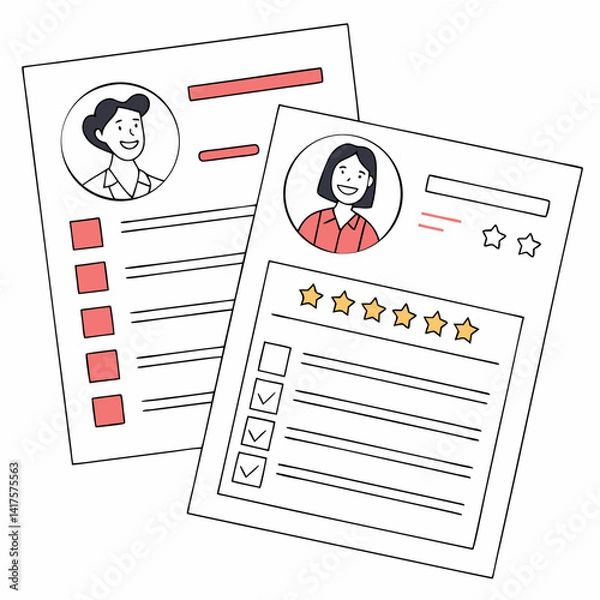 Obraz Two Human Resources Sheets With Portrait Checkboxes And Star Rating Review
