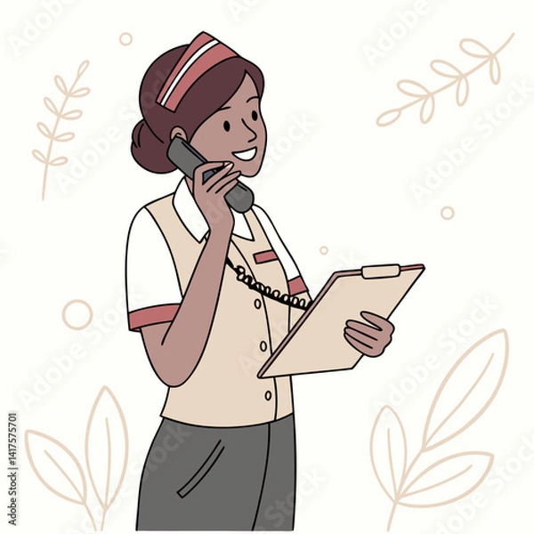 Obraz Smiling Hotel Receptionist Answering Phone With Clipboard In Hand Vector Illustration