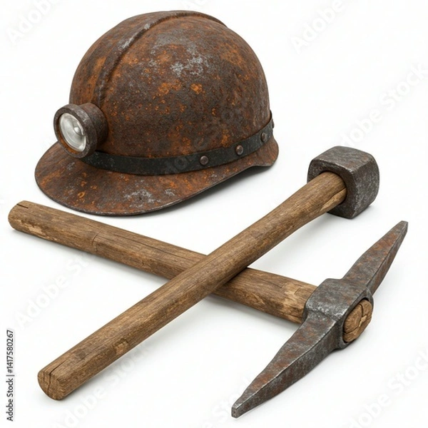 Obraz Rusty Mining Helmet and Pickaxe Tools Against White Background