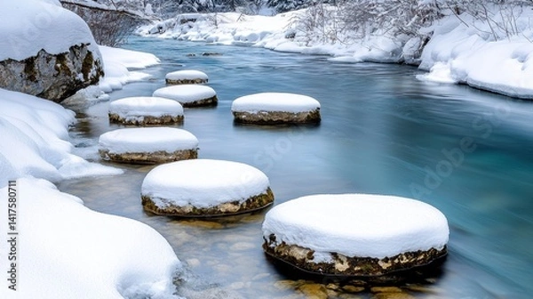 Fototapeta Snow covered stepping stones in a clear, teal river. Winter scene with snowy banks and tranquil atmosphere. Peaceful and serene winter landscape