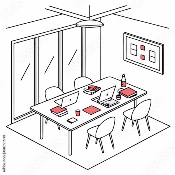 Obraz Isometric Office Space With Laptops Books And Chairs For Teamwork And Collaboration