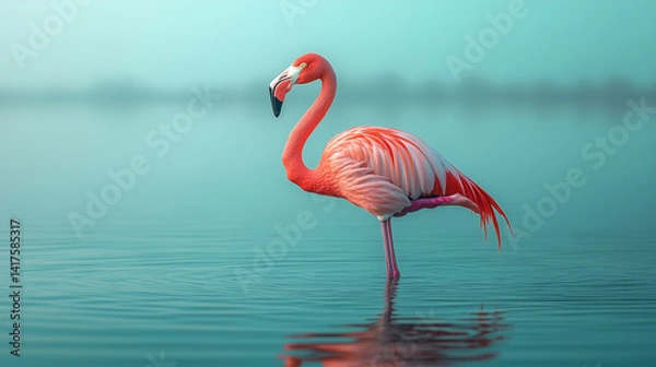 Fototapeta Flamingo wading gracefully in tranquil waters during the early morning light  flamingo, wading, water, morning, wildlife, nature, tranquil, pink, bird, habitat