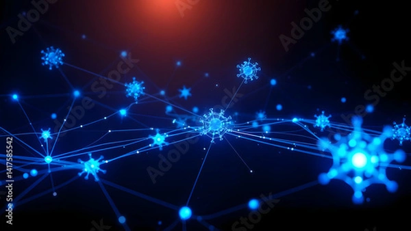 Obraz Abstract cosmic AI network with floating cobalt blue data nodes and star-like connections, dark space backdrop with subtle particle glow, 8K ultra HD quantum tech aesthetic