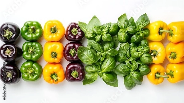 Obraz Neatly arranged rows of vibrant vegetables showcasing purple and green bell peppers, basil leaves, and yellow peppers on white background