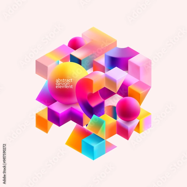 Obraz Abstract 3D cube. Glass iridescent geometric shape.