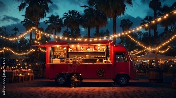 Obraz Red food truck illuminated by string lights at outdoor festival with palm trees, people, and lively evening ambiance