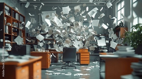 Obraz Disarray fills the office space with papers flying.