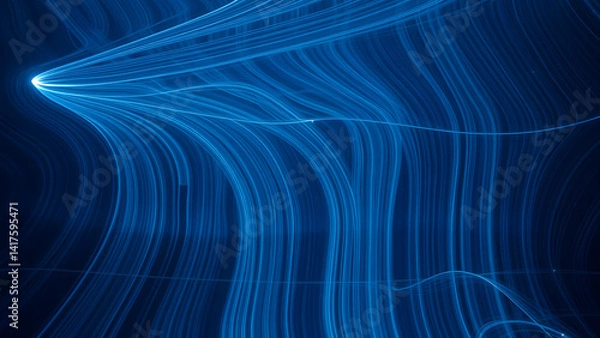 Fototapeta Subatomic particle trails forming wave patterns, dark mode with aqua blue accents