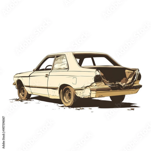 Obraz Wrecked classic sedan featuring damage and destruction depicted with stark contrast