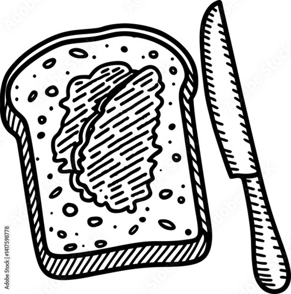 Fototapeta Hand drawn sliced bread with butter and knife rustic kitchen illustration, black and white sketch