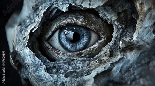 Obraz Closeup of a scary skull with a haunting blue eye in dark horror style showing decay, fear, mystery, and death concept

