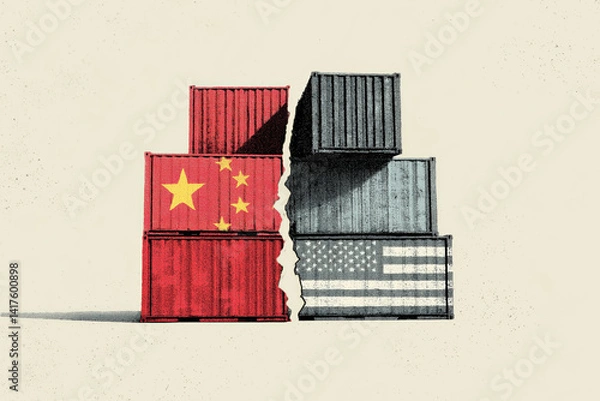 Obraz Trade war dividing usa and china, represented by shipping containers breaking apart