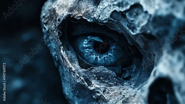 Obraz Closeup of a scary skull with a haunting blue eye in dark horror style showing decay, fear, mystery, and death concept

