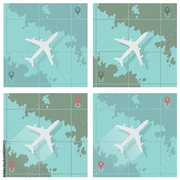 Obraz Vector illustration depicting four images consisting of an airplane and a map