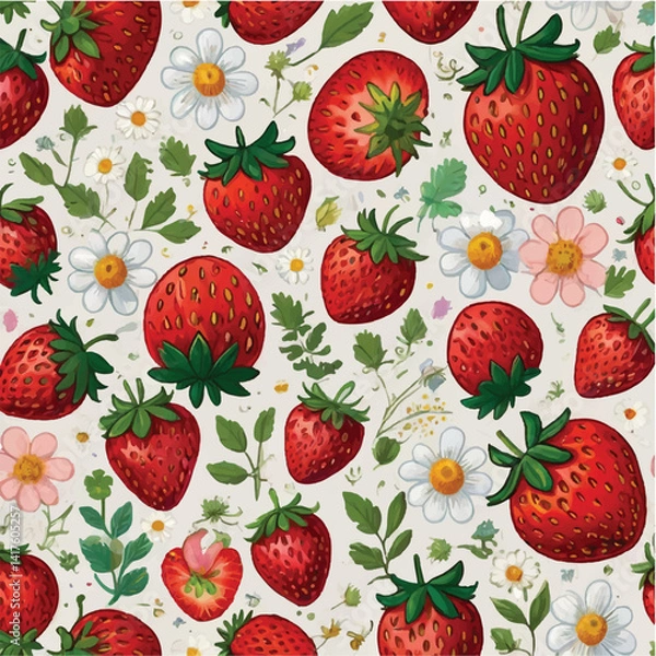 Obraz Seamless vector pattern with sweet, ripe red strawberries and green leaves, a delicious summer fruit illustration