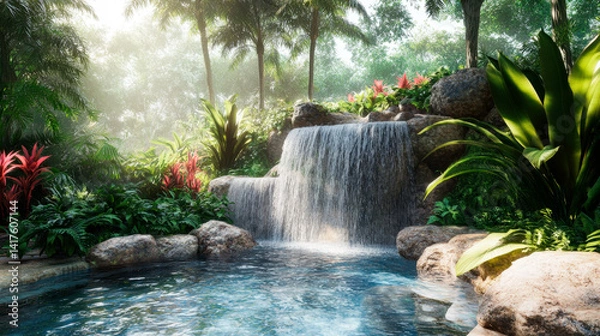 Fototapeta Scenic tropical waterfall surrounded by lush green jungle with rocks and bright flowers illuminated by morning sunlight