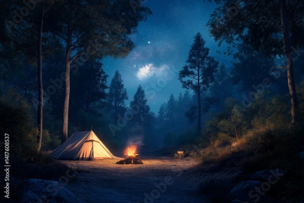 Fototapeta Glowing tent and campfire under starry sky in a peaceful forest setting at night surrounded by tall pine trees