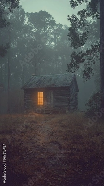 Fototapeta A secluded woodland cabin shrouded in mist with a welcoming warm light emanating from inside
