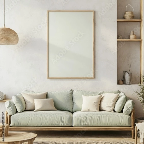 Fototapeta Empty framed art piece, light green sofa, boho living room, sunlight streaming in