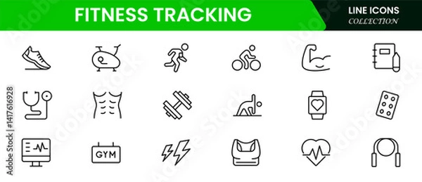 Fototapeta Fitness Tracking Icon Set. Clean and modern icons for fitness, wellness, and medical apps, perfect for tracking workouts, nutrition, and overall well-being in a user-friendly way.