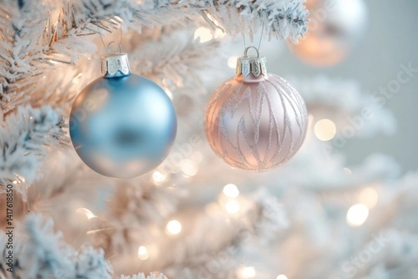 Fototapeta Elegant blue and pink christmas ornaments on frosted tree with twinkling lights