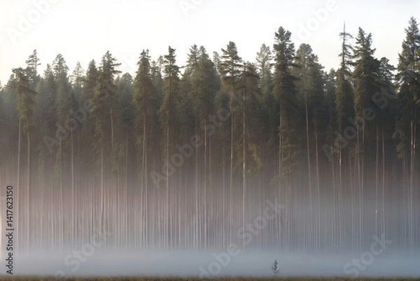 Fototapeta A misty pine forest at dawn, where golden sunbeams cut through thick fog and tall evergreens cast dramatic silhouettes. Moody, high-contrast atmosphere with soft natural light and depth