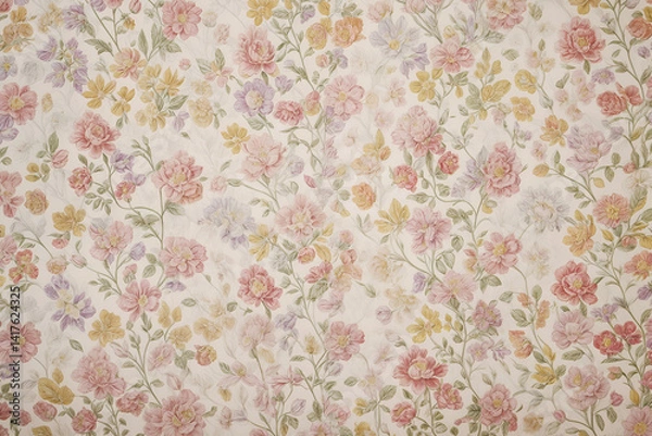 Fototapeta Macro view of a textured, aged floral background in muted peach and yellow tones. Intricate swirls and botanical patterns evoke vintage elegance and classic charm