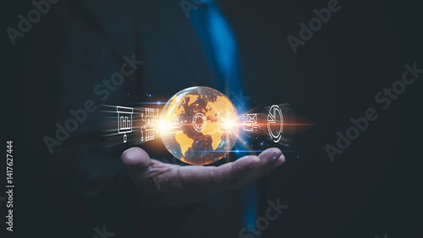 Fototapeta Data Driven Earth Futuristic Hand Holding Glowing Globe With Technology Icons Email, Search, Ai, And Light Illustrate Technological Decisions In Dark Background
