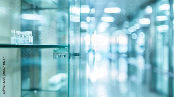 Fototapeta Empty glass medicine cabinet in hospital setting with open doors and shelves