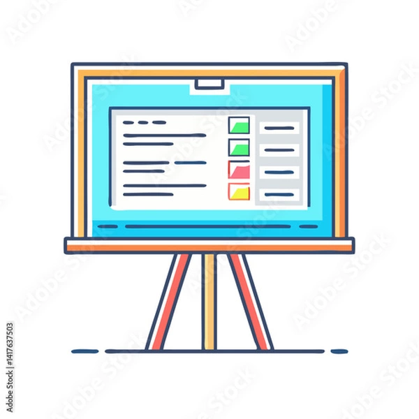 Fototapeta Presentation board with progress report on a light teal background with stand