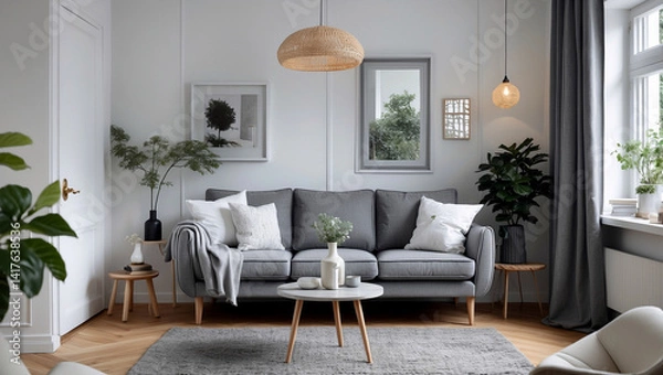 Obraz Stylish scandinavian interior featuring elegant grey sofa