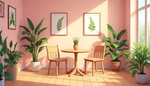 Fototapeta Bright dining area with table and chairs, featuring botanical prints and potted plants for a refreshing indoor garden aesthetic.