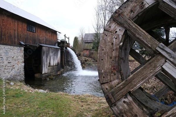 Fototapeta Old wooden sawmill with running water in the village of Jurgow, Lesser Poland, Spisz, Poland