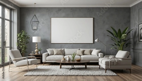 Fototapeta A serene living room featuring modern furniture, large artwork, and natural light. Neutral tones create a calming atmosphere.