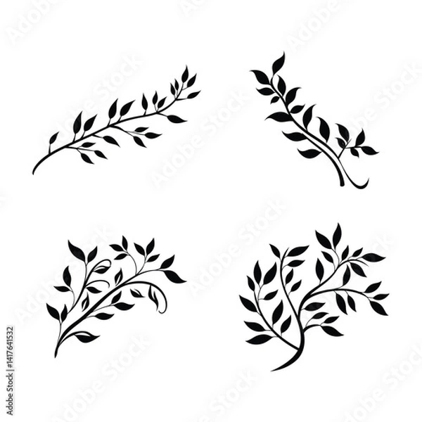 Fototapeta Vector silhouette set of branch with leaves clipart on a white background