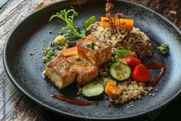 Obraz Grilled tofu and quinoa salad with vegetables on black ceramic plate